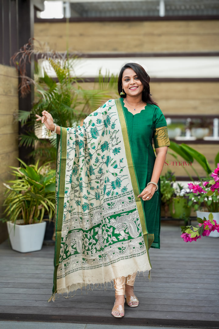 Mangalgiri Green Narayanapet silk top with kalamkari hand painted duppatta set of 2 ( ready to dispatch)