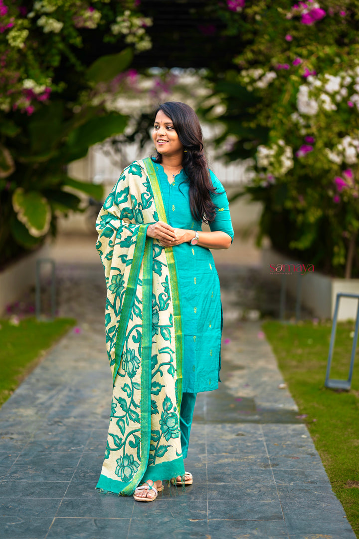 Vaishnavi 3 piece raw silk suit set wth hand painted kalamkari dupptta(pre order)