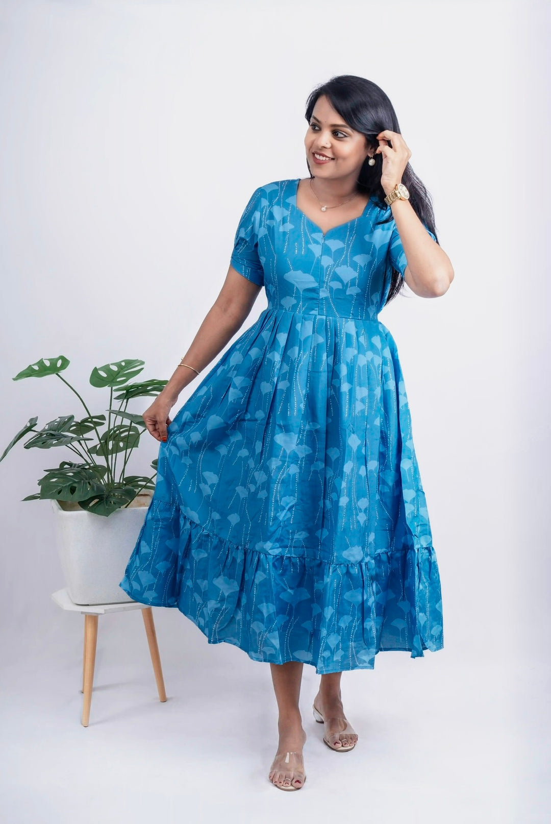 Skyblue Dot Casual Dress With Lining
