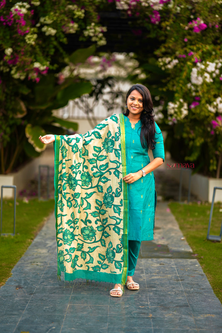 Vaishnavi 3 piece raw silk suit set wth hand painted kalamkari dupptta(pre order)