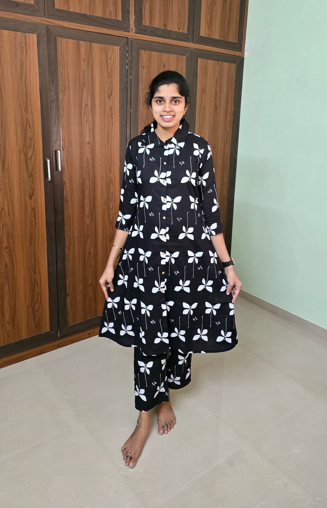 Black cotton kurta set (button opening)