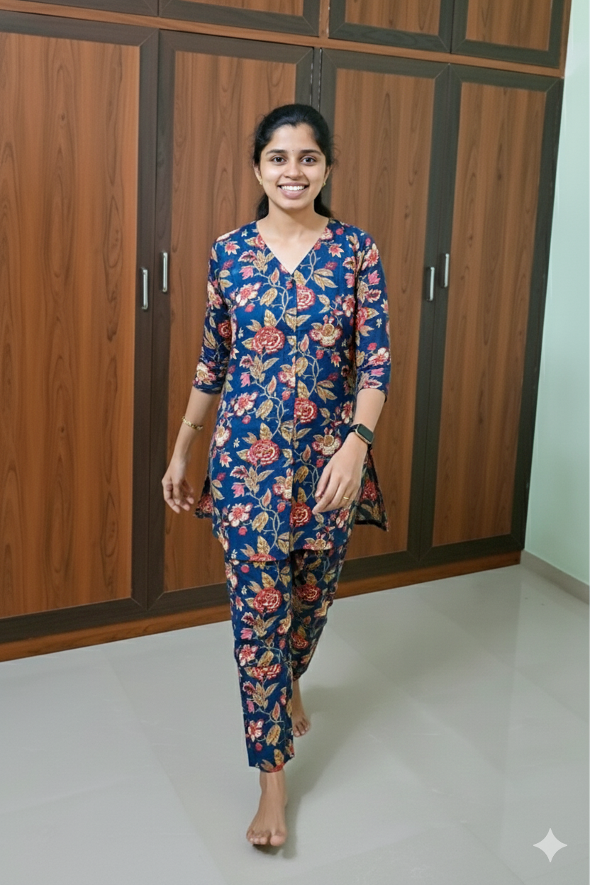 Swara - Navy  Night Co-ord Set (  centre zip )