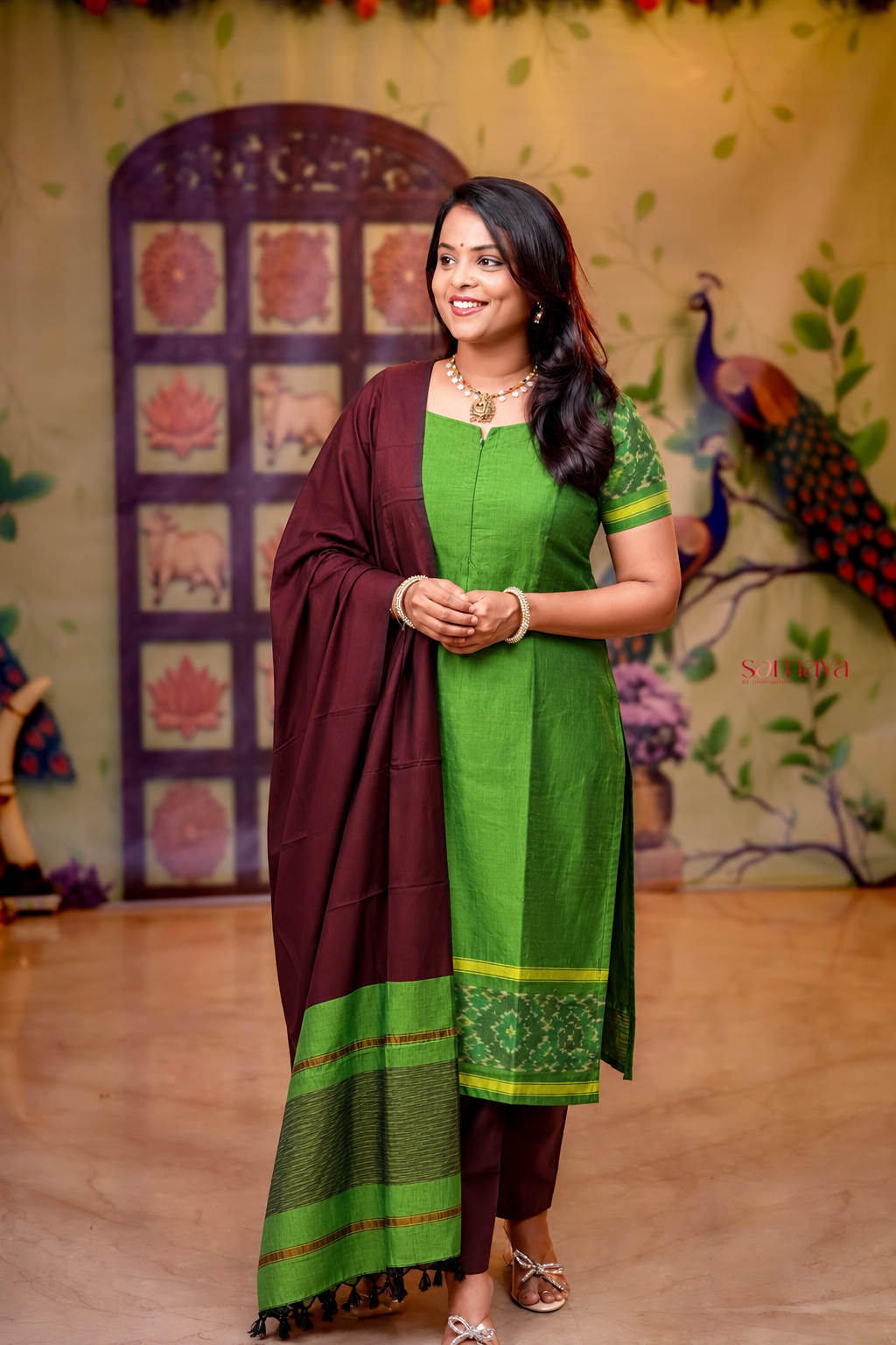 Shanthini - Green maroon 3 piece Pochampally  suit set with Dupatta