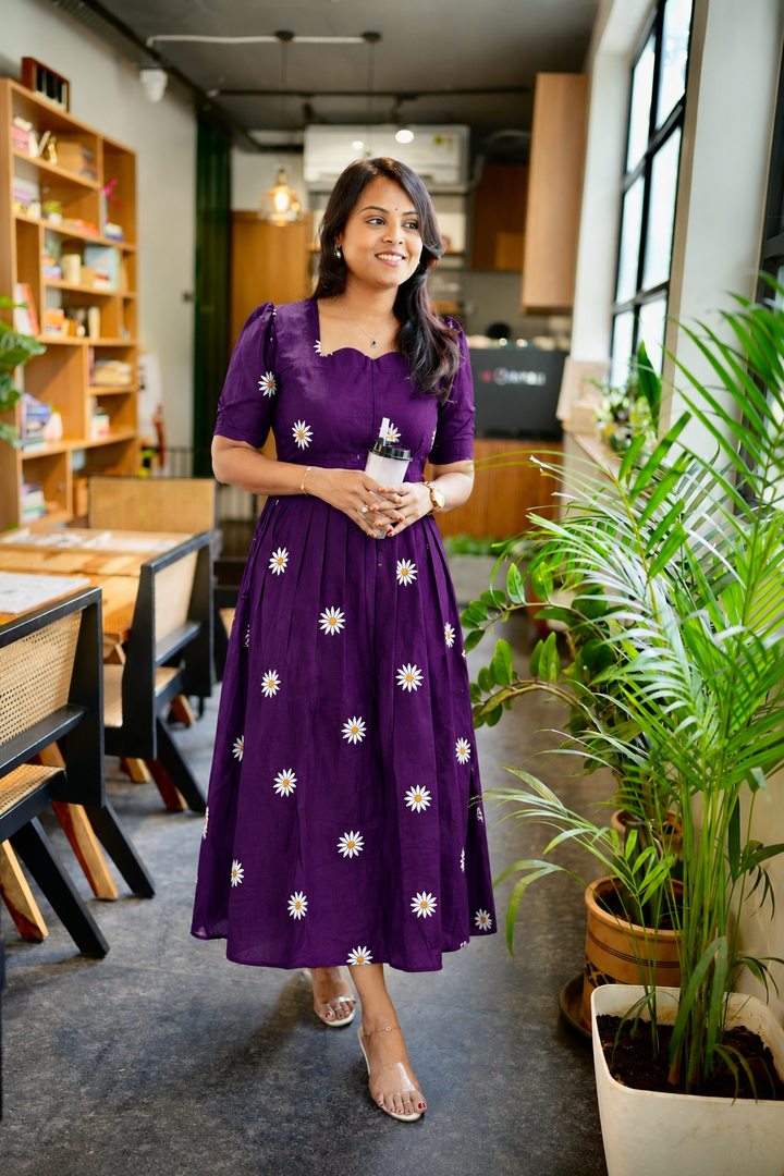 Daisy -purple embroidery Casual Dress With Lining