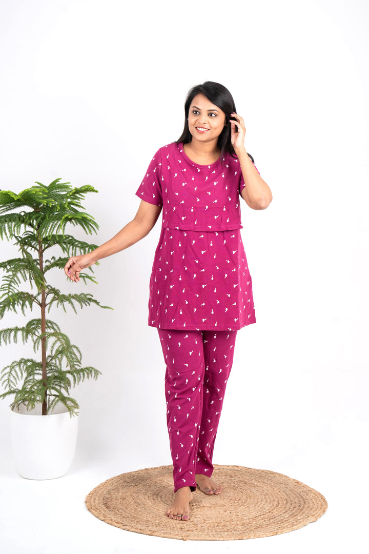 Magenta Waffle Feeding Pant Set( samaya premium fabric )
