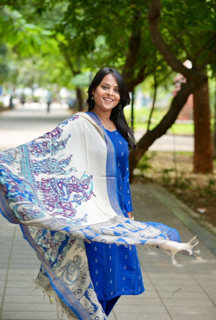 Mayilirage royal blue raw silk Kurta Set with Kalamkari hand painted duptta ( 3 piece set )