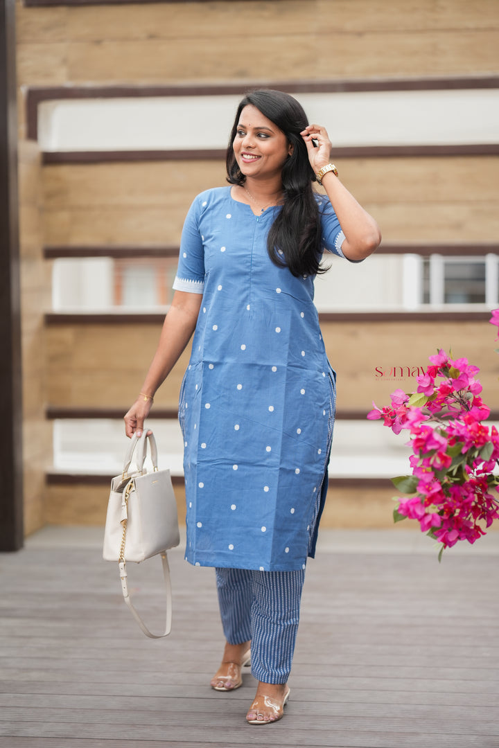 Denim blue Handloom top bottom set with full lining