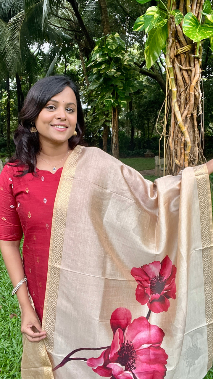 Aruvi -red  raw silk kurta with dupptta ( ready to dispatch)set of 2