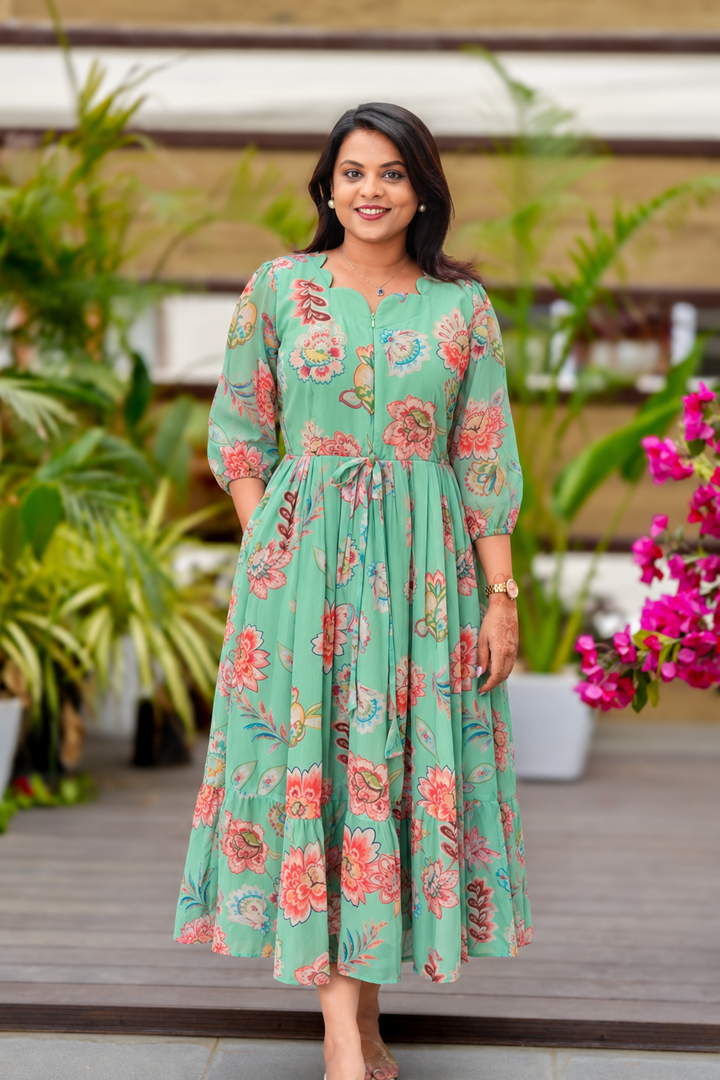 Mint georgette casual  Dress With Lining ( No-Iron Everyday Dress)