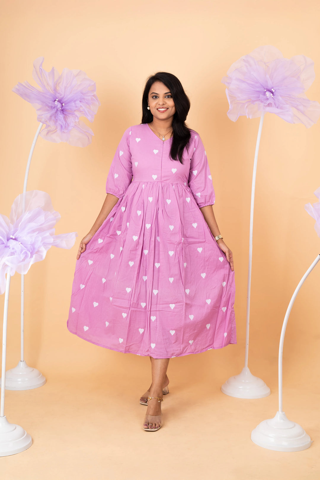 Lavender heart embroidered pure cotton casual  Dress With Lining
