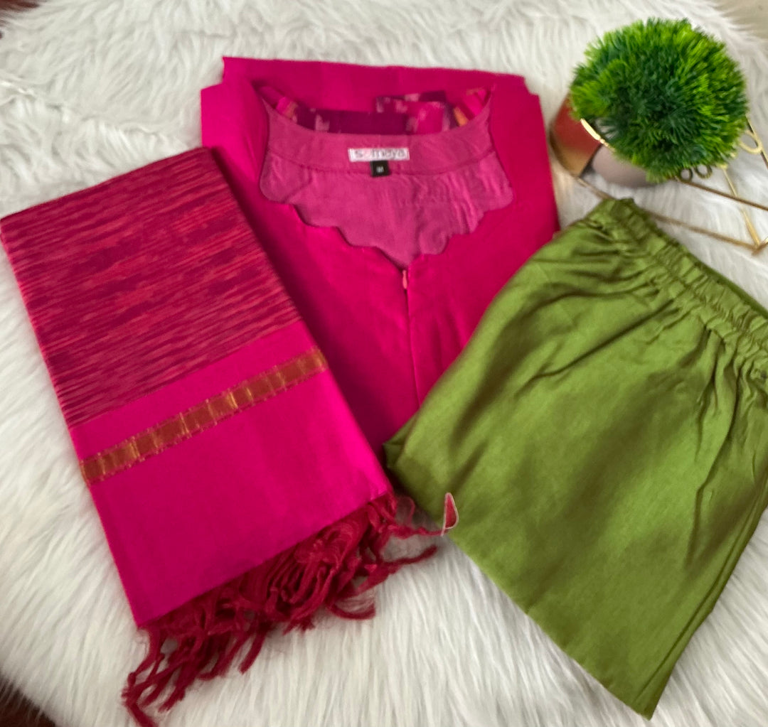 Shanthini -pink Pochampally Ikkat  3 piece  suit set with Dupatta