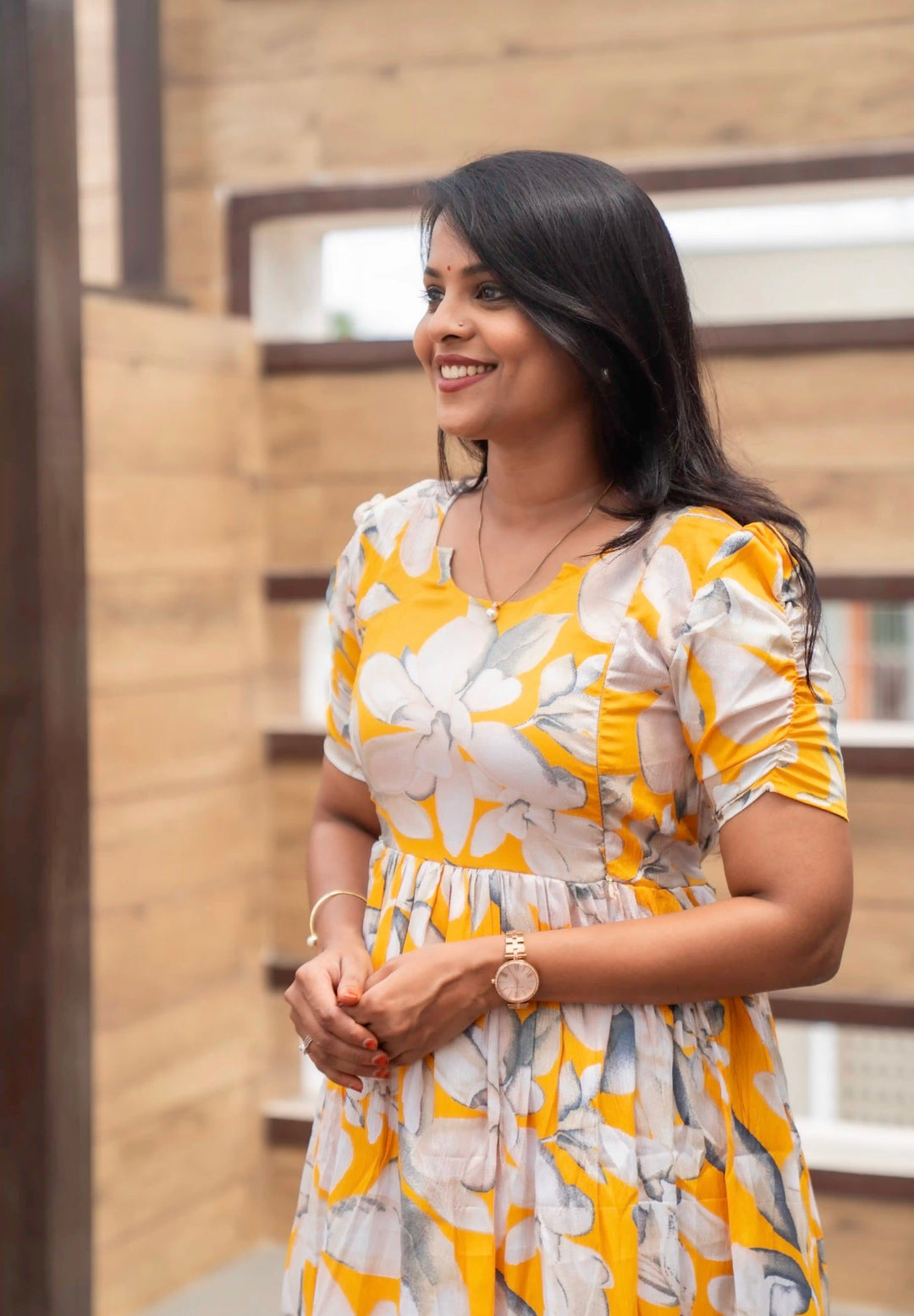 Mustard Delta crepe Casual Dress With Lining