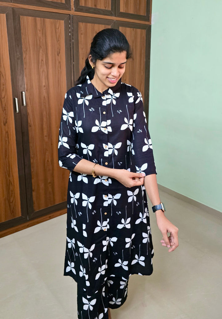 Black cotton kurta set (button opening)