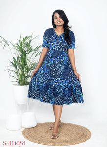 Midi Ink Blue Flower thick  weight Dress