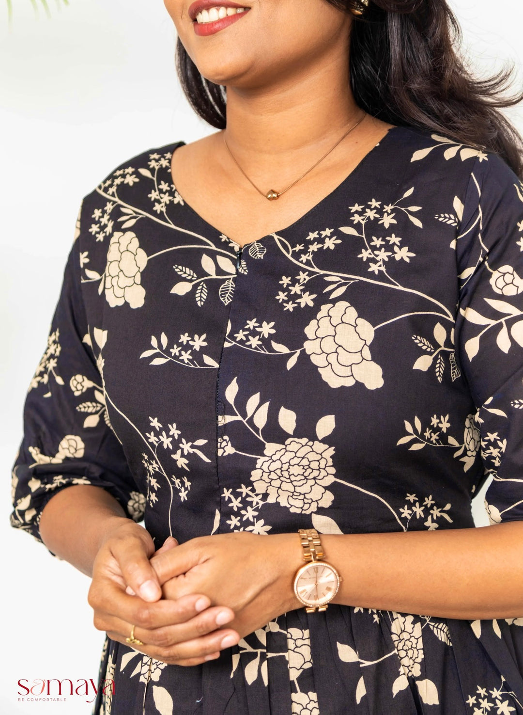 Black  floral  casual  dress with lining