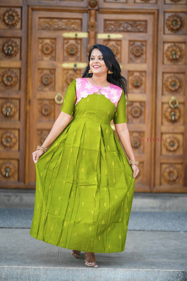 Geethanjali raw silk maxi Dress With chanderi scallop