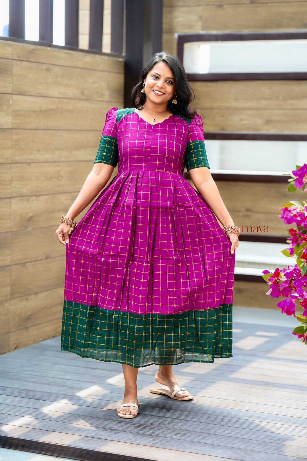 Poongulazi checked maxi Dress With Lining ( pre order )