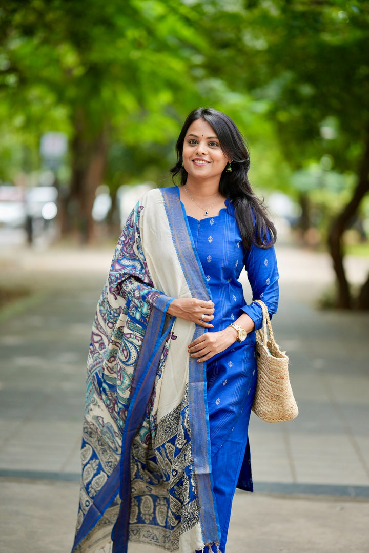 Mayilirage royal blue raw silk Kurta Set with Kalamkari hand painted duptta ( 3 piece set )