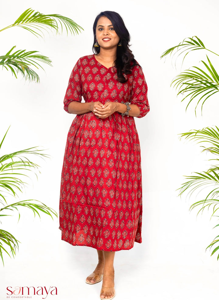 Maroon hand block cotton  dress and full lining