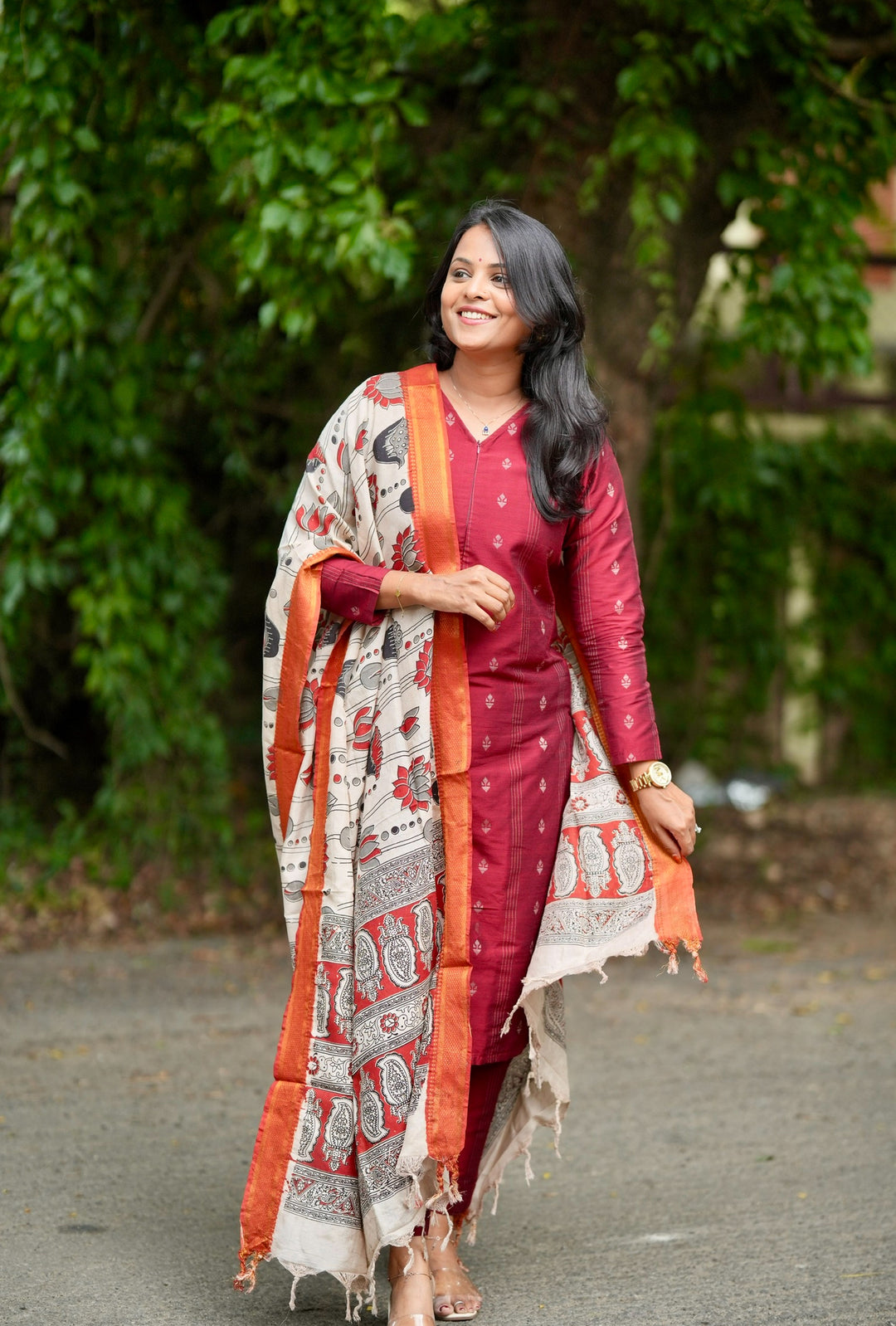 Nithya maroon raw silk Kurta Set with Kalamkari hand painted duptta ( 3 piece set )