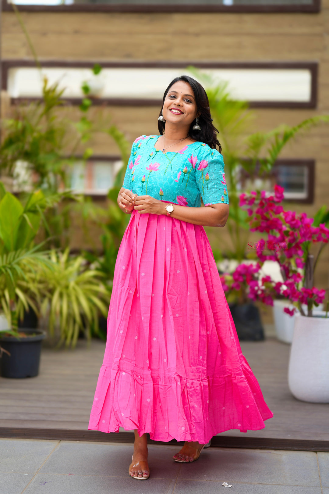Maxi Lotus Hakoba-handloom cotton  Dress With Lining