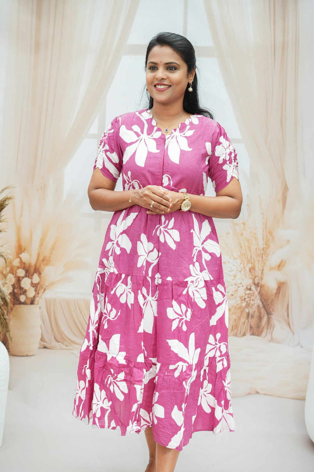 Mauve floral Casual Dress With Lining