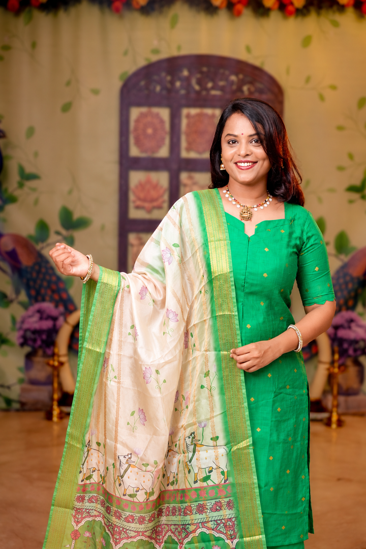 Iniyaa-Green raw silk Kurta Set of 3 with organza gold border dupptta
