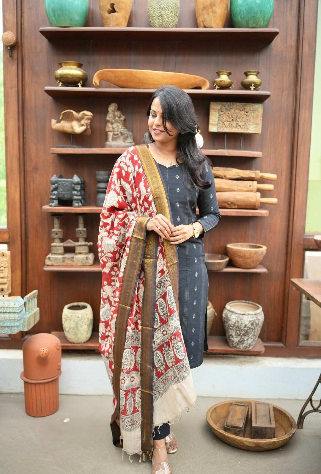 Maya black raw silk Kurta Set with Kalamkari hand painted duptta ( 3 piece set )