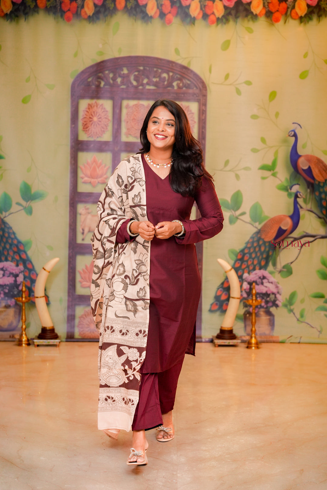 Malar -maroon  raw silk Kurta Set with hand painted kalamkari cotton dupptta