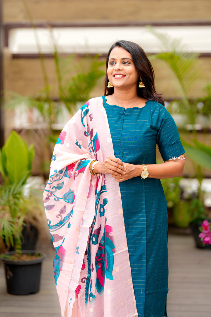 Peacock raw silk suit set of 3 with linen gold border