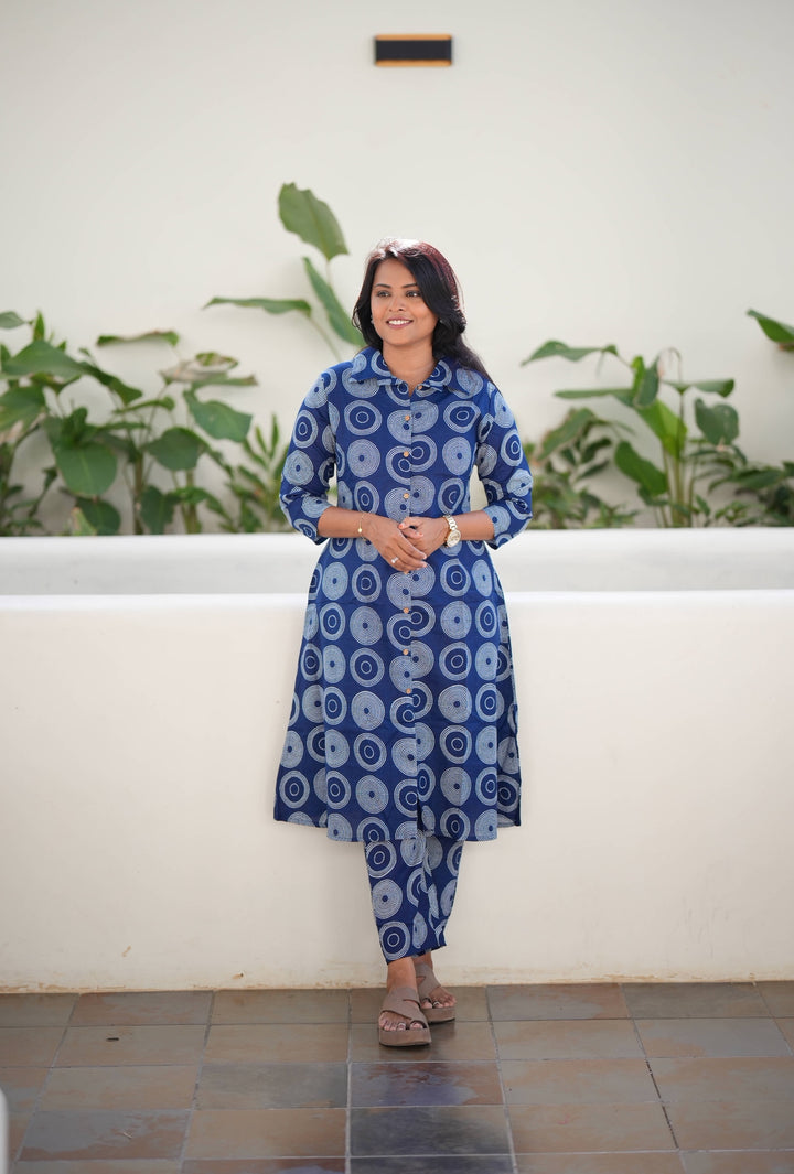 Navy cotton kurta set (button opening)