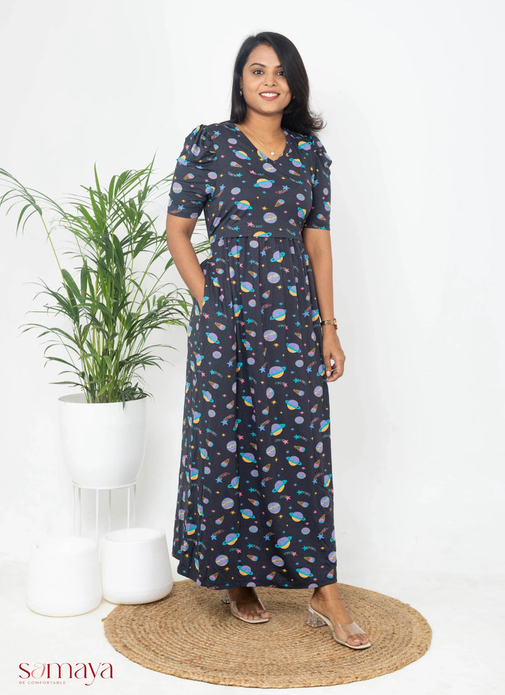 Maxi Grey Planet Light Weight Dress( Minor embroidery variation so sold at sale price )