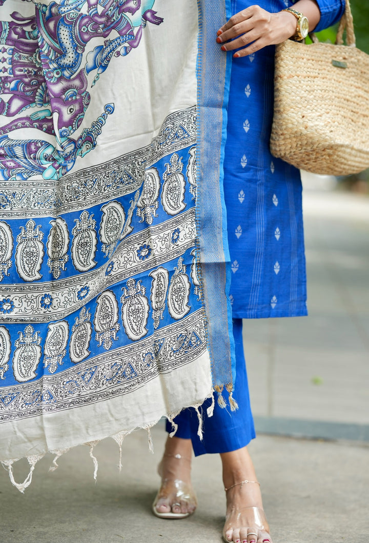Mayilirage royal blue raw silk Kurta Set with Kalamkari hand painted duptta ( 3 piece set )