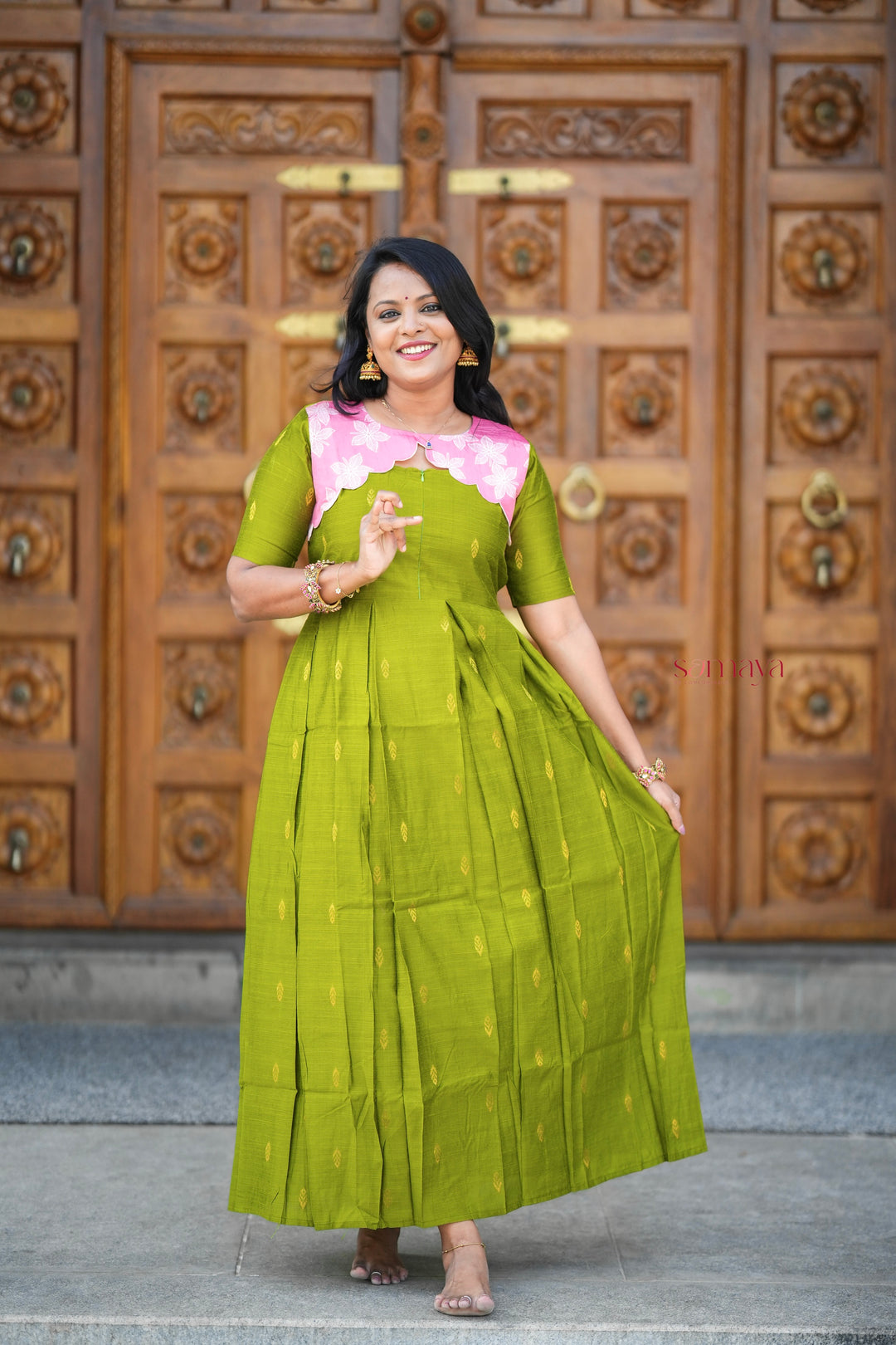 Geethanjali raw silk maxi Dress With chanderi scallop