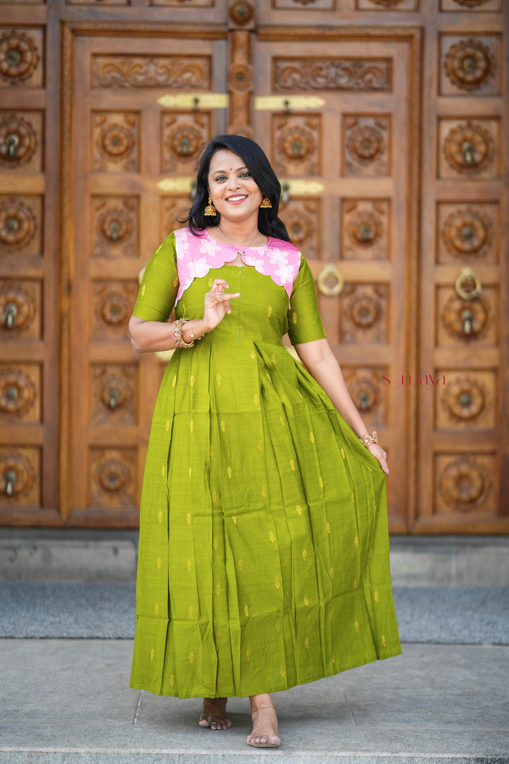 Geethanjali raw silk maxi Dress With chanderi scallop