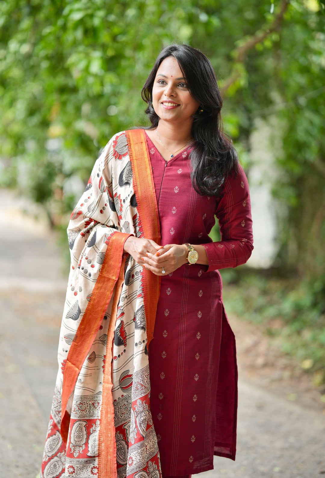 Nithya maroon raw silk Kurta Set with Kalamkari hand painted duptta ( 3 piece set )