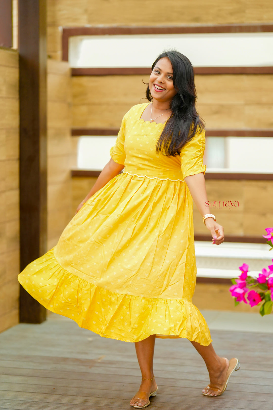 Yellow Casual Dress With Lining( Wrinkle-Free Cotton Blend Dress)