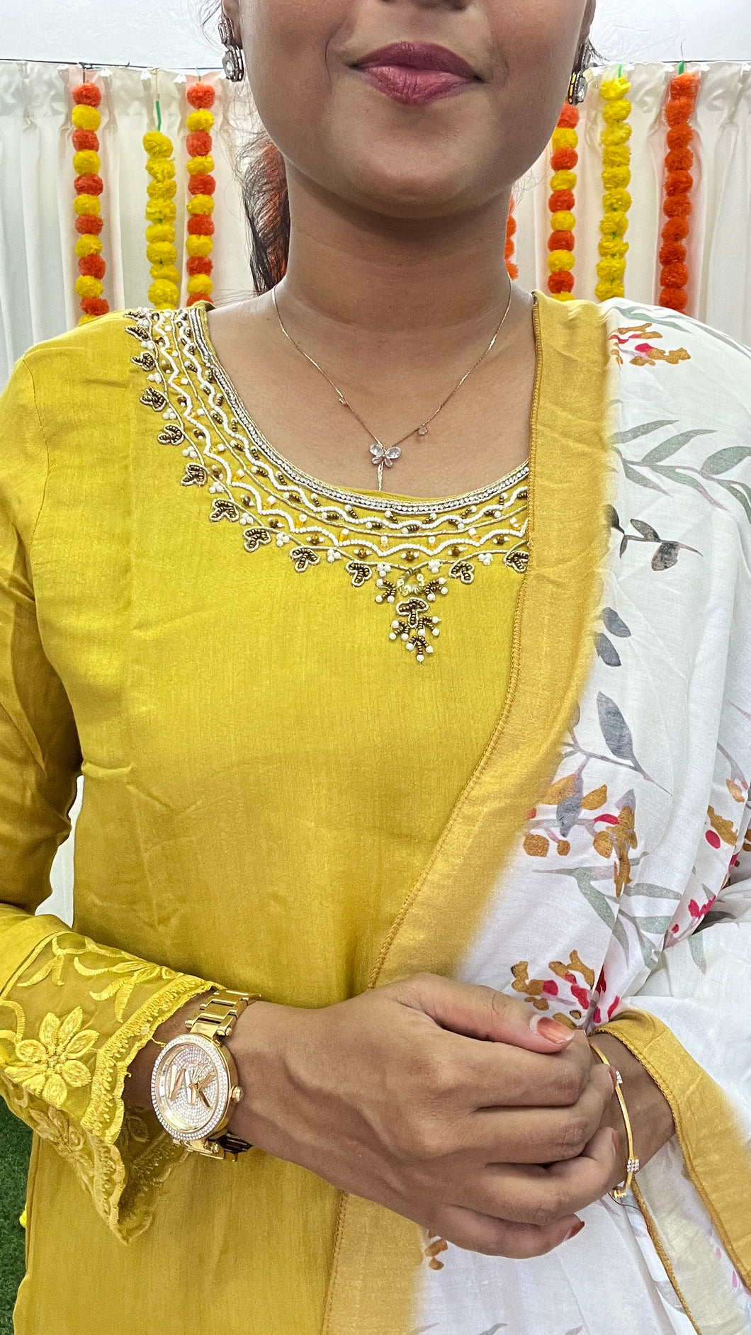 Mustard Kurta with hand embroidery 3 piece Set