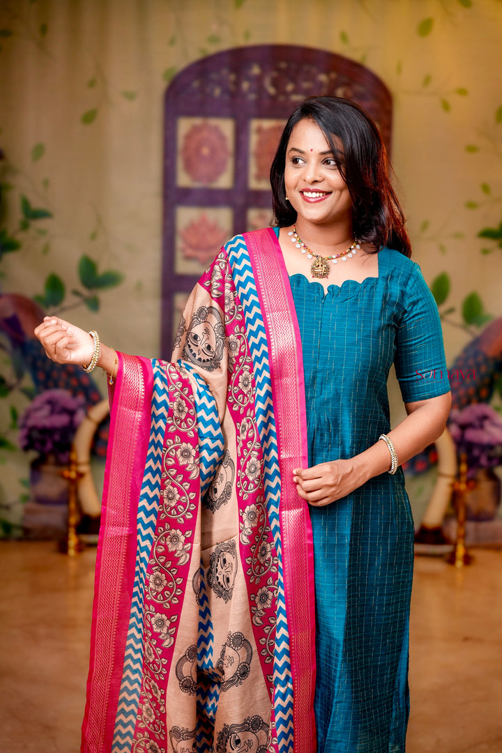 Oviyam raw silk Kurta 3 piece set with kalamkari dupptta
