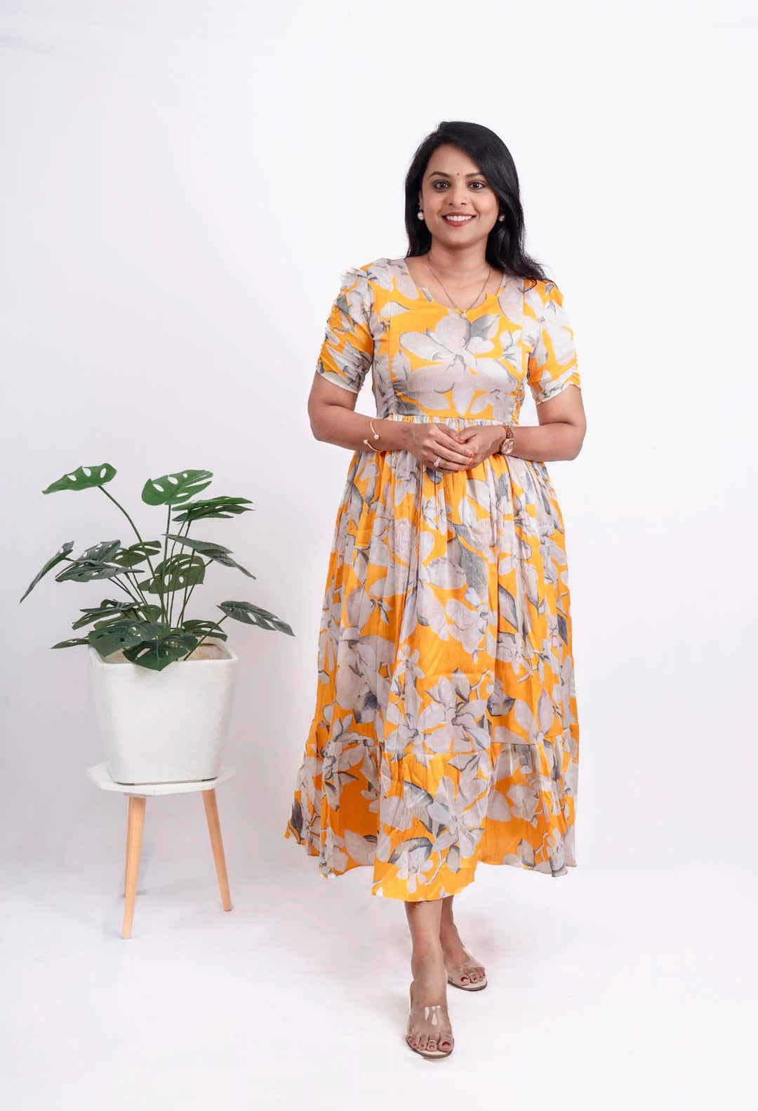 Mustard Delta crepe Casual Dress With Lining