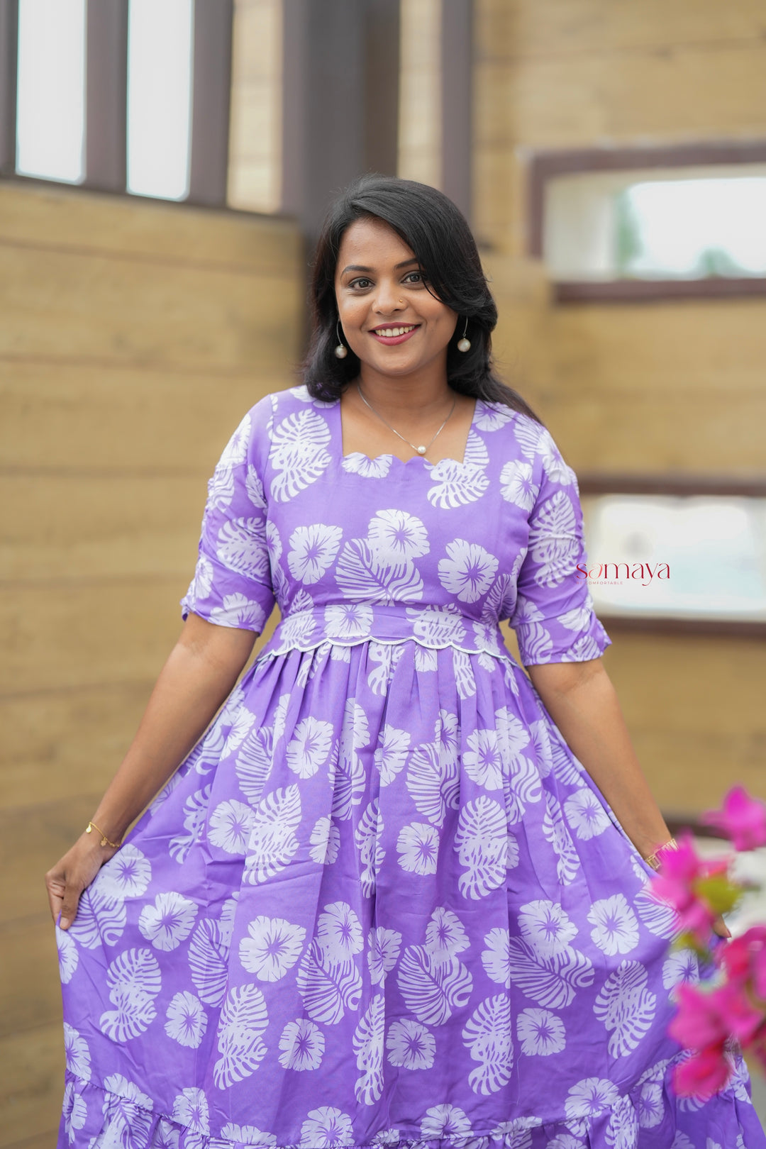 Lilac Casual Dress With Lining( Wrinkle-Free Cotton Blend Dress)