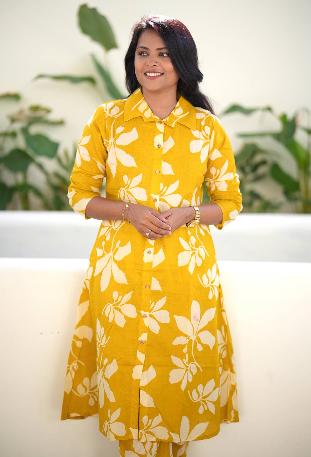 Yellow cotton kurta set (button opening)