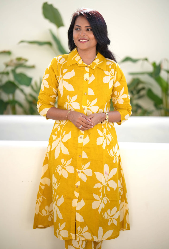 Yellow cotton kurta set (button opening)