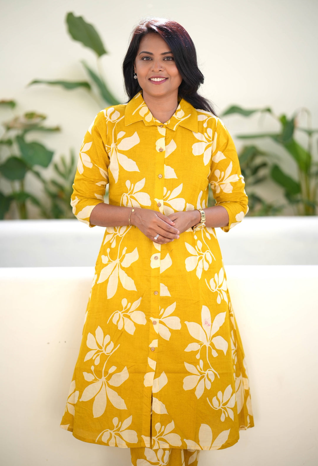 Yellow cotton kurta set (button opening)
