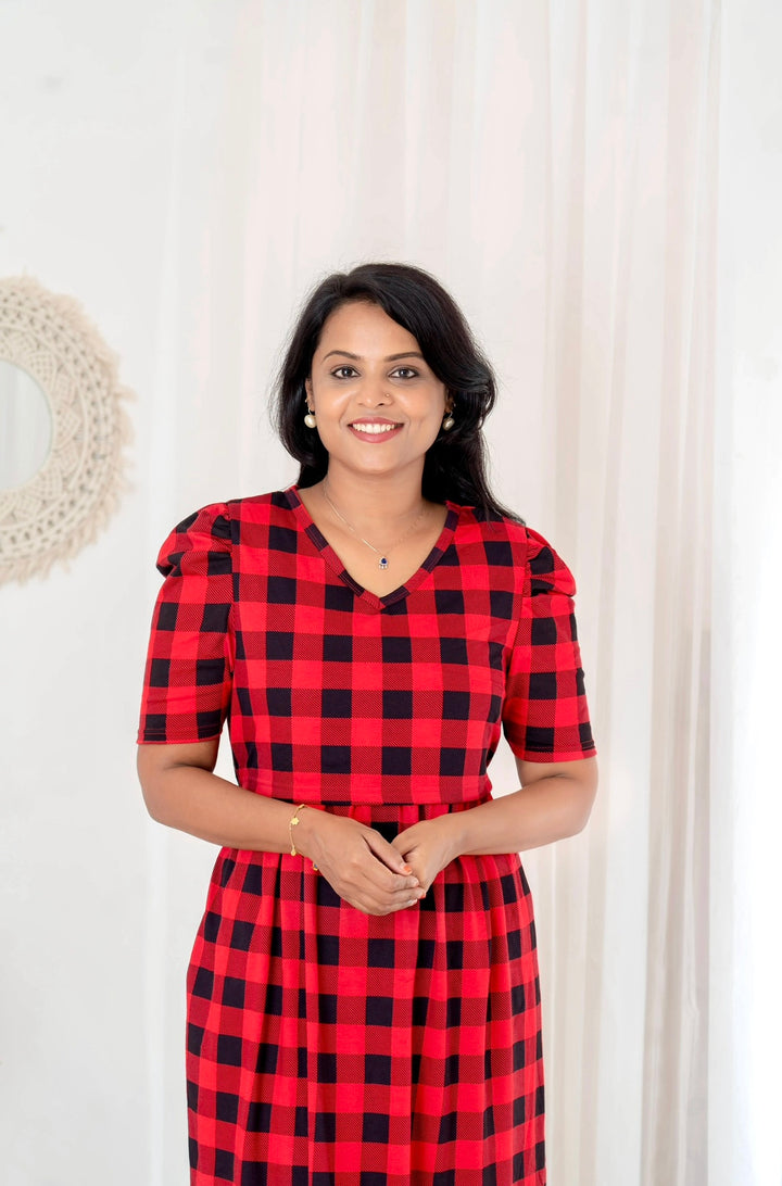 Midi Red Checked Light Weight Dress