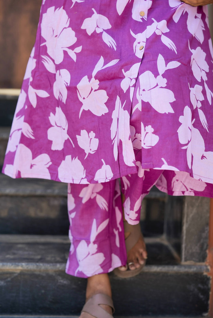 Purple cotton kurta set (button opening)