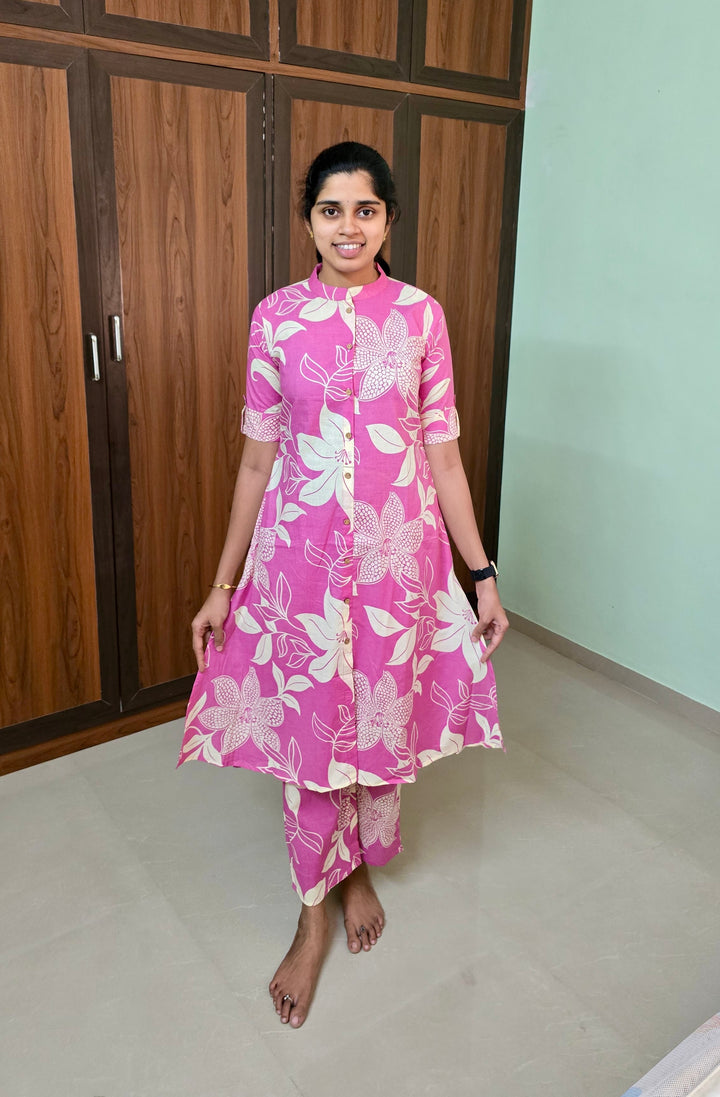 Babypink cotton kurta set (button opening)