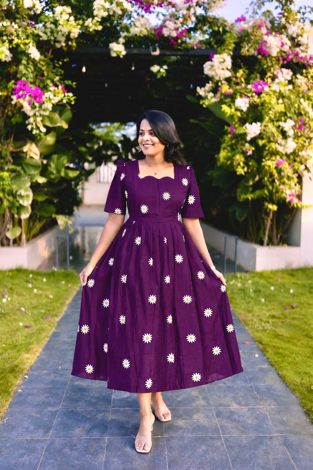 Daisy -purple embroidery Casual Dress With Lining