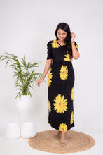 Load image into Gallery viewer, Maxi Sunflower Ribbed Dress with free baby T-shirt (1-2 yrs and 2-3 yrs available )(SAMAYA  exclusive premium fabric) pls mention baby tshirt size in notes
