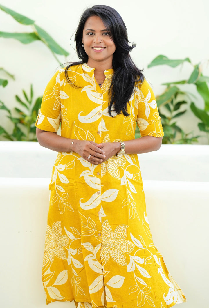 Yellow flower cotton kurta set (button opening)